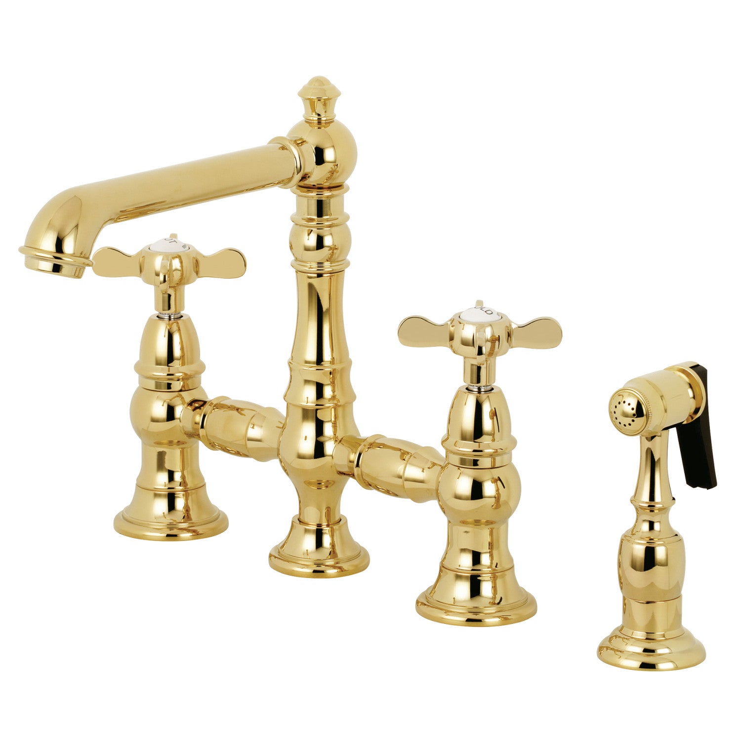 Kingston Tulare KS7272BEXBS - Essex Two-Handle 4-Hole Deck Mount Bridge Kitchen Faucet with Brass Sprayer, Polished Brass — image 1